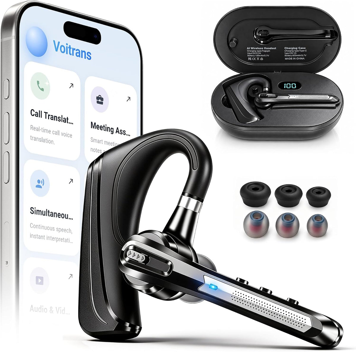 Bluetooth Headset for Work Calls & Live Streams, AI Translator Earbuds 122H Playtime, 800mAh Charging Case, Hands-Free Phone Call Translation Wireless Earpiece with Mic for Driving Trucker Office