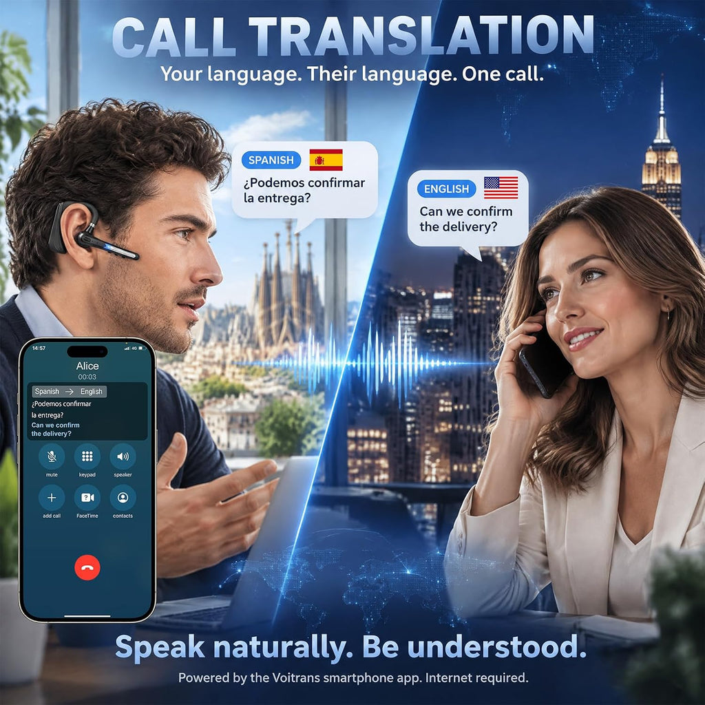 Bluetooth Headset for Work Calls & Live Streams, AI Translator Earbuds 122H Playtime, 800mAh Charging Case, Hands-Free Phone Call Translation Wireless Earpiece with Mic for Driving Trucker Office