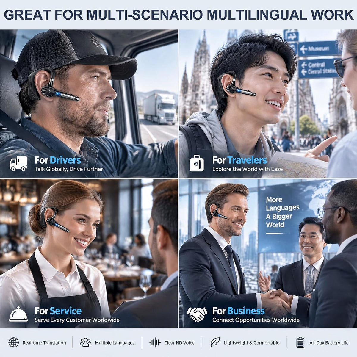 Bluetooth Headset for Work Calls & Live Streams, AI Translator Earbuds 122H Playtime, 800mAh Charging Case, Hands-Free Phone Call Translation Wireless Earpiece with Mic for Driving Trucker Office