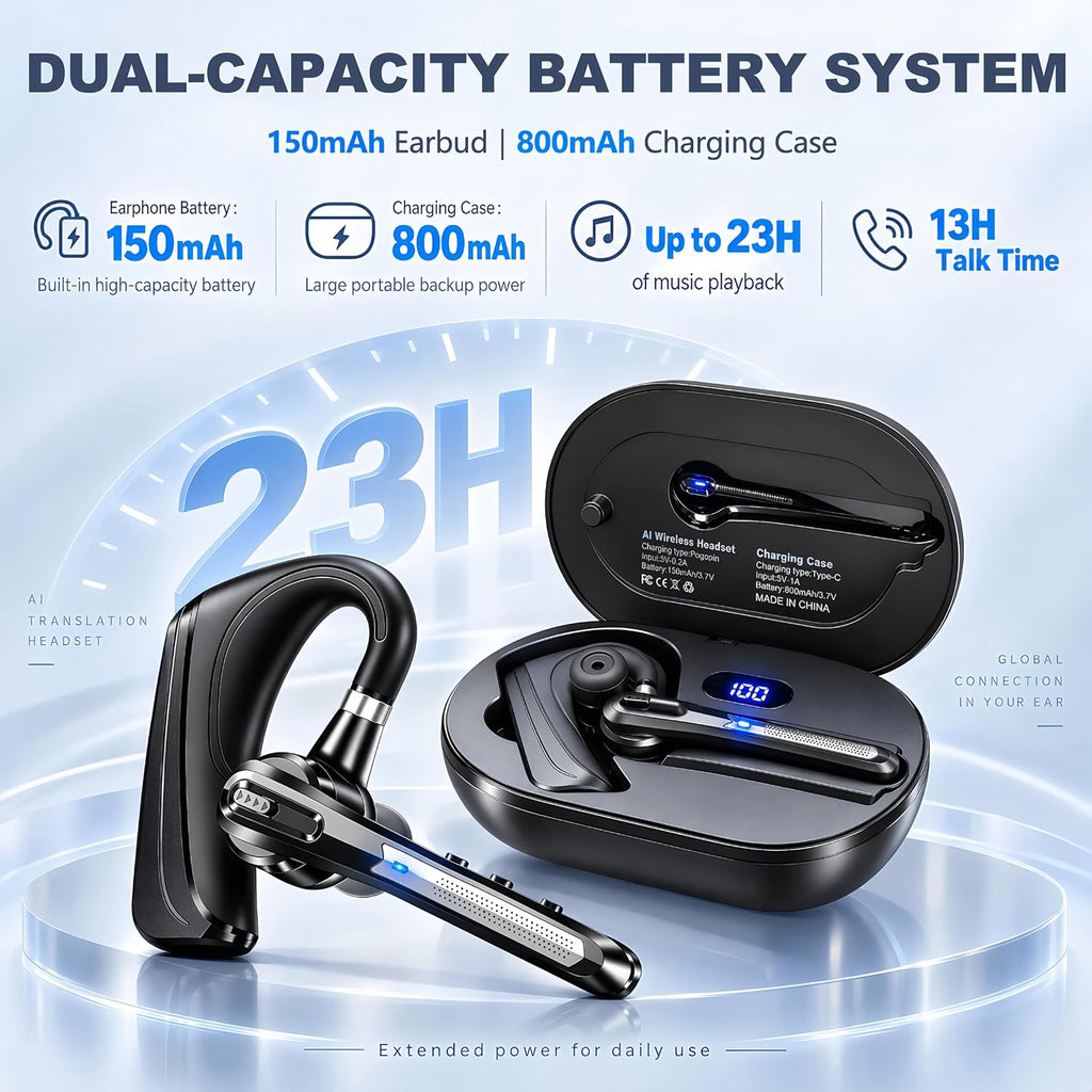 Bluetooth Headset for Work Calls & Live Streams, AI Translator Earbuds 122H Playtime, 800mAh Charging Case, Hands-Free Phone Call Translation Wireless Earpiece with Mic for Driving Trucker Office