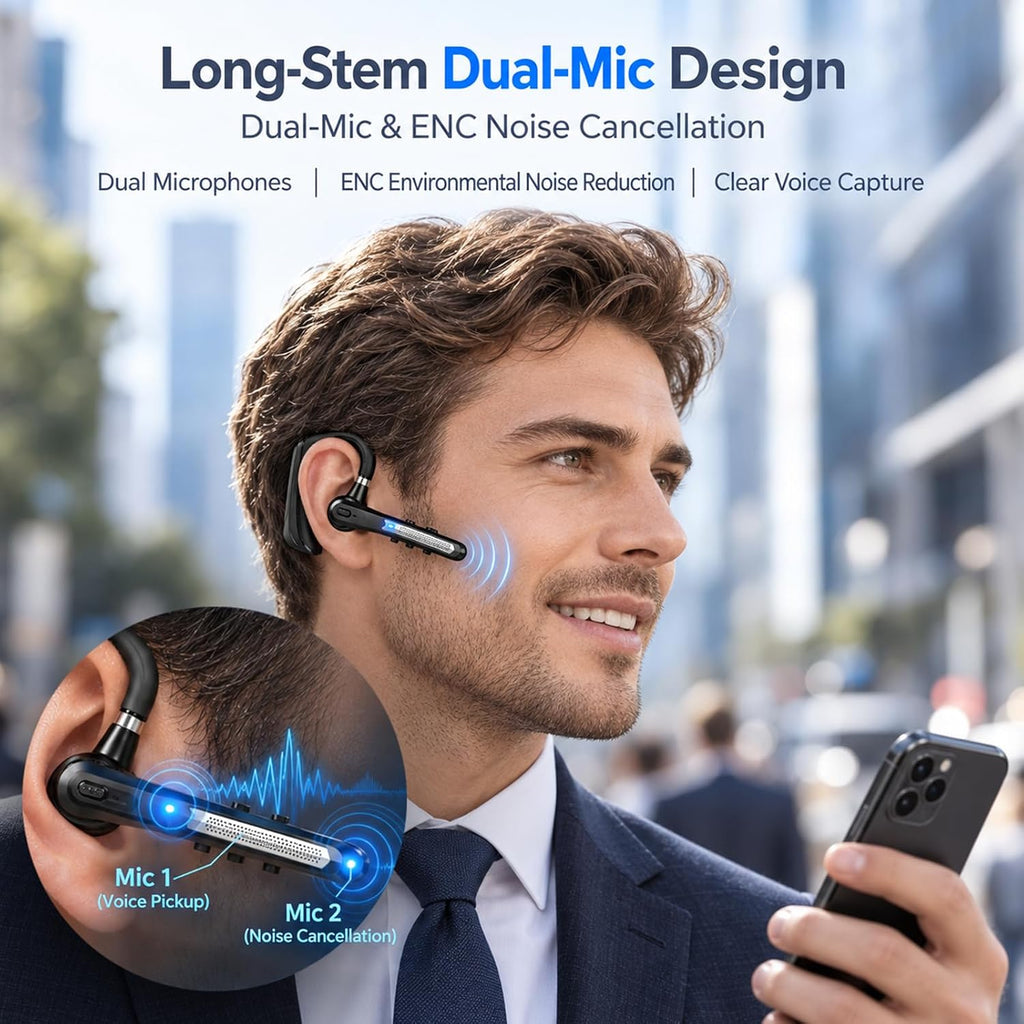 Bluetooth Headset for Work Calls & Live Streams, AI Translator Earbuds 122H Playtime, 800mAh Charging Case, Hands-Free Phone Call Translation Wireless Earpiece with Mic for Driving Trucker Office