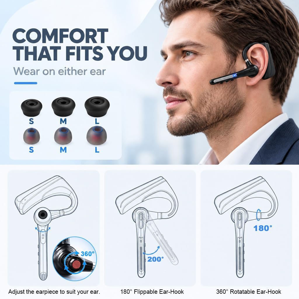 Bluetooth Headset for Work Calls & Live Streams, AI Translator Earbuds 122H Playtime, 800mAh Charging Case, Hands-Free Phone Call Translation Wireless Earpiece with Mic for Driving Trucker Office
