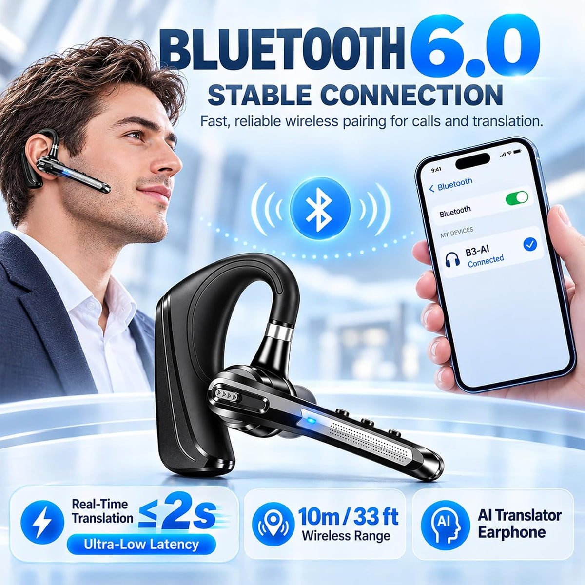 Bluetooth Headset for Work Calls & Live Streams, AI Translator Earbuds 122H Playtime, 800mAh Charging Case, Hands-Free Phone Call Translation Wireless Earpiece with Mic for Driving Trucker Office